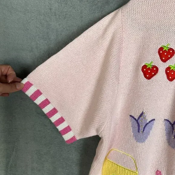 Quacker Factory Sweater Large Pink Fruit Cardigan Short Sleeve Summer Picnic - Picture 4 of 12